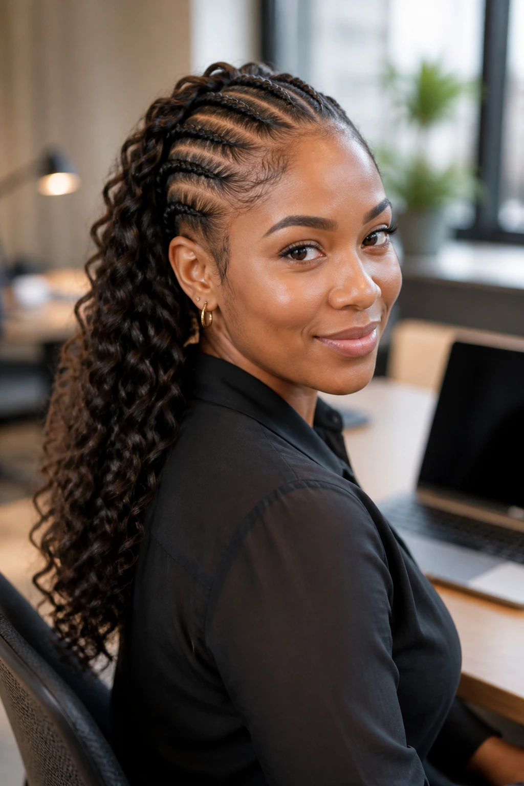 Close-up of a real woman with straight-back feed-in cornrows and loose curls at work