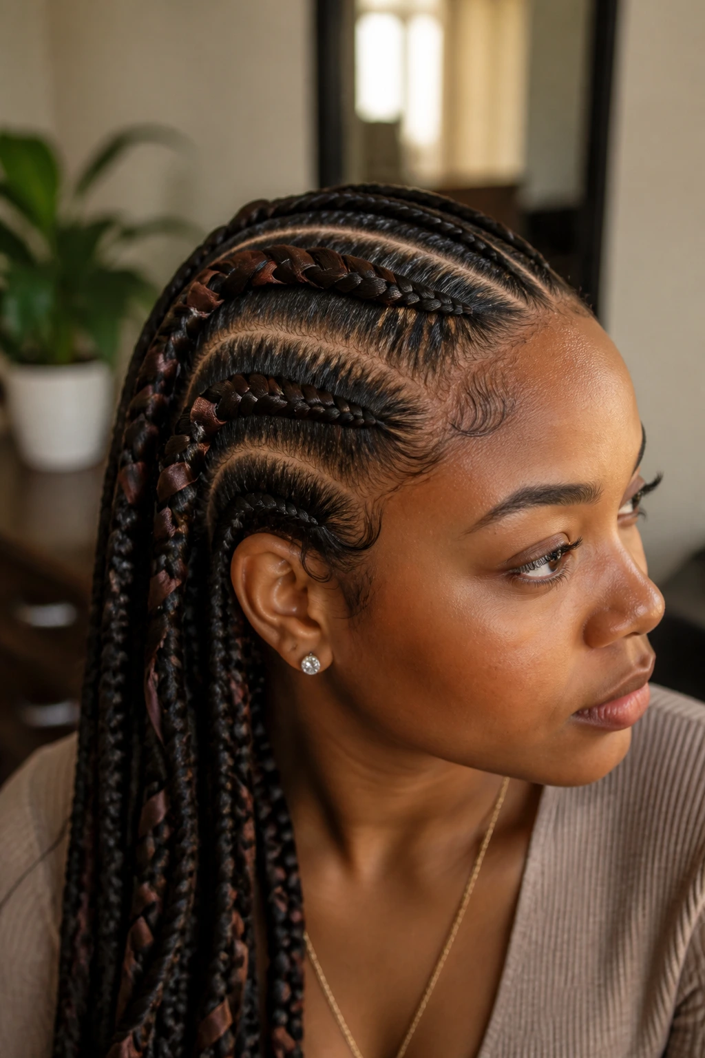 Close-up feed-in cornrows espresso ribbons