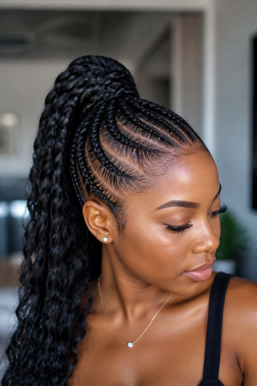 Close-up of feed-in cornrows forming a ponytail on a real woman