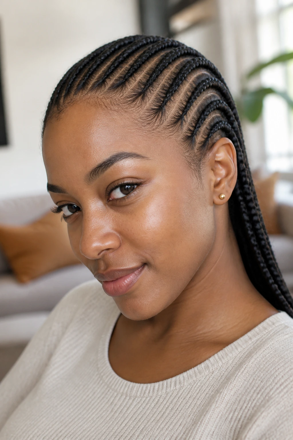 Close-up portrait of a real woman with feed-in cornrows along the scalp in warm window light