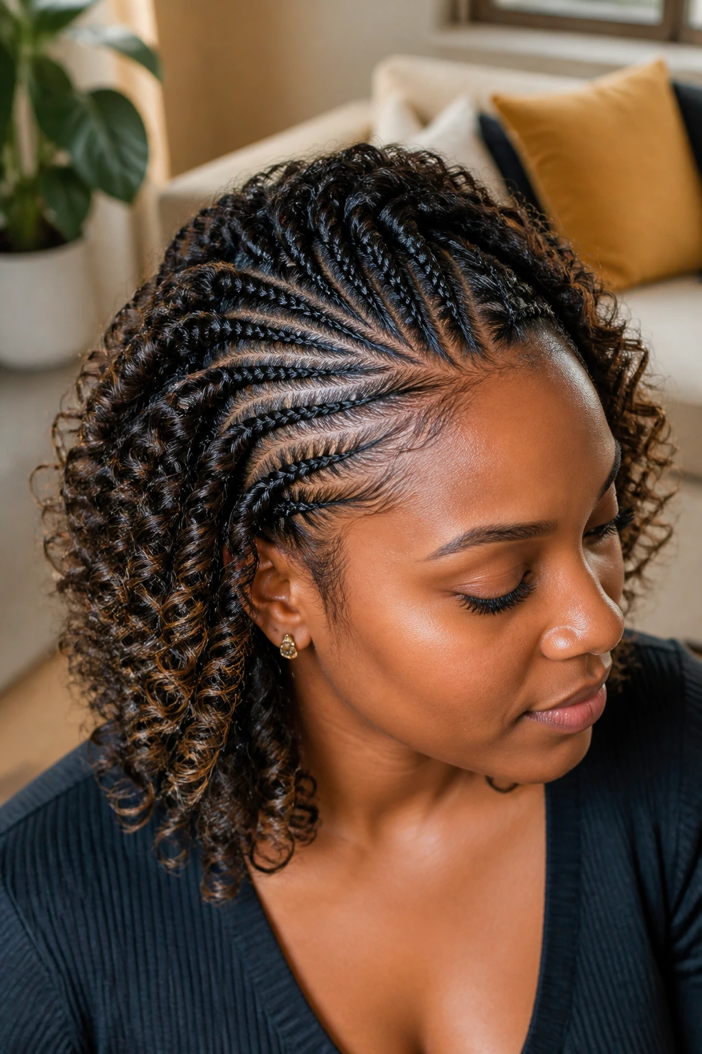 Close-up of a real woman with feed-in cornrows and ringlet extensions