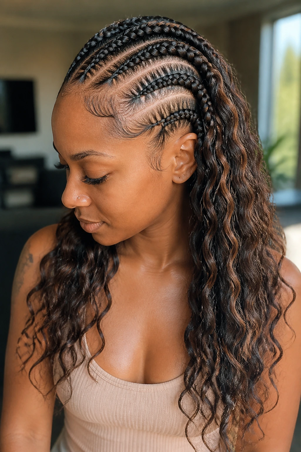 Real person with feed-in cornrows and wavy feed-through hair