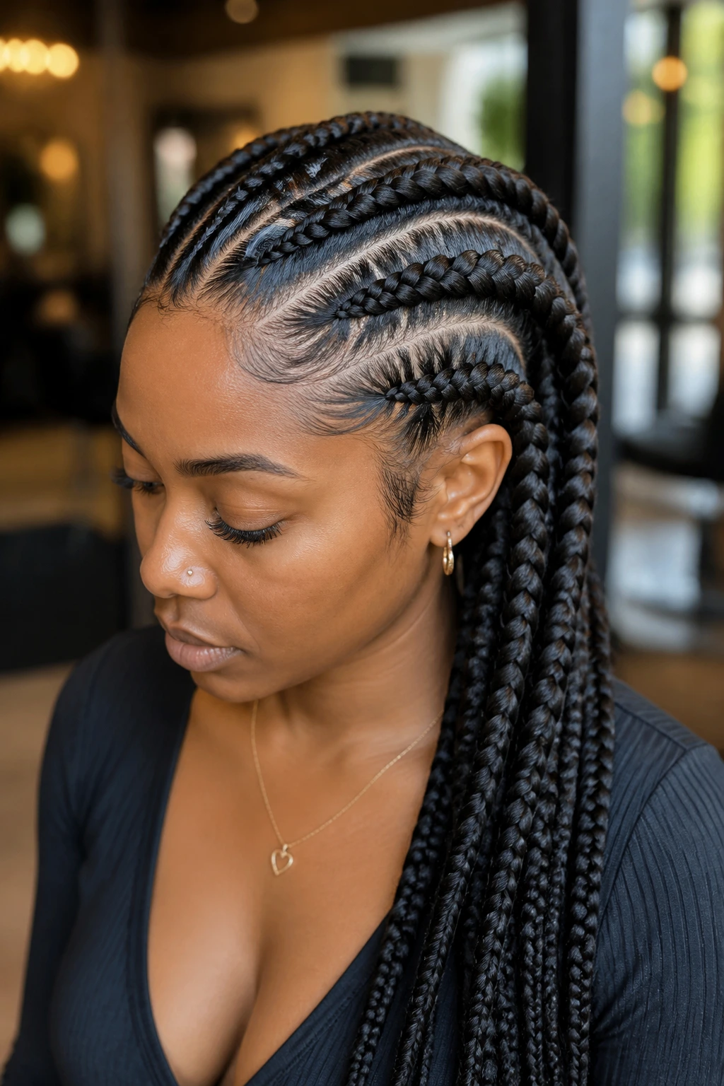 Close-up of a real woman with feed-in Dutch braids and extensions in a salon
