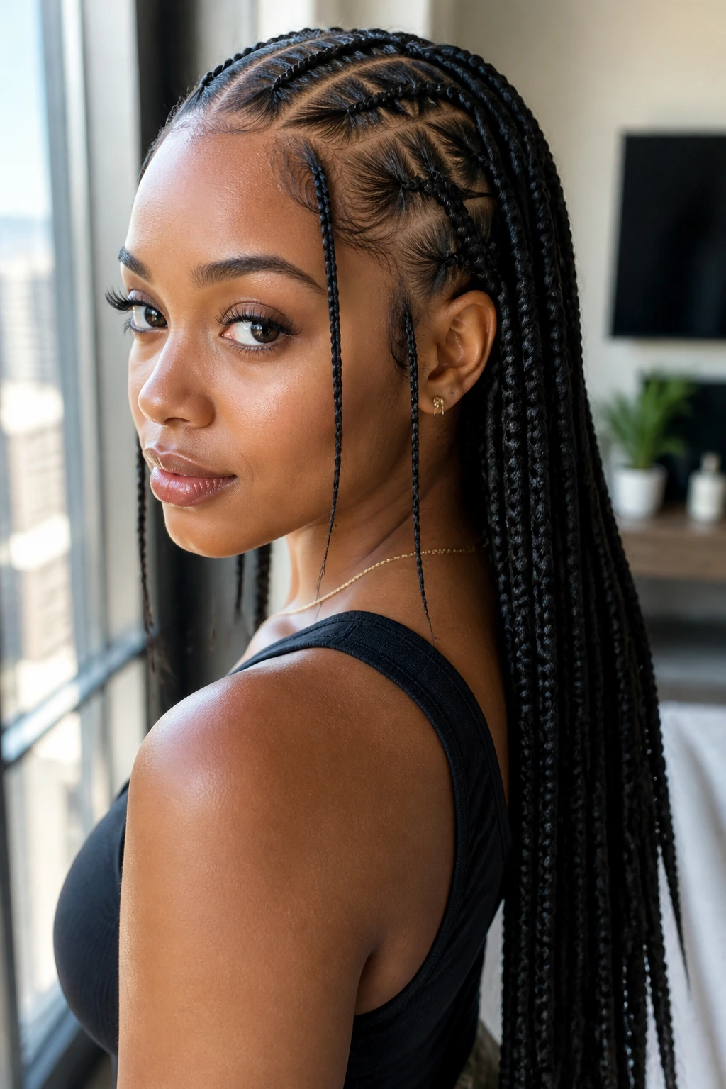 Real woman with feed-in Dutch braids extending length