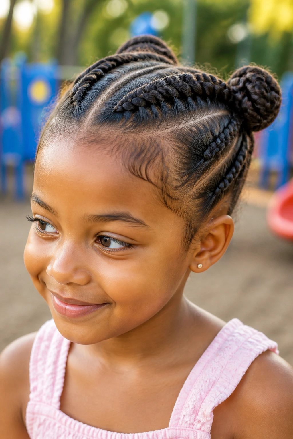 Close-up portrait of a real child girl with feed-in Dutch braids into mini buns in a playground