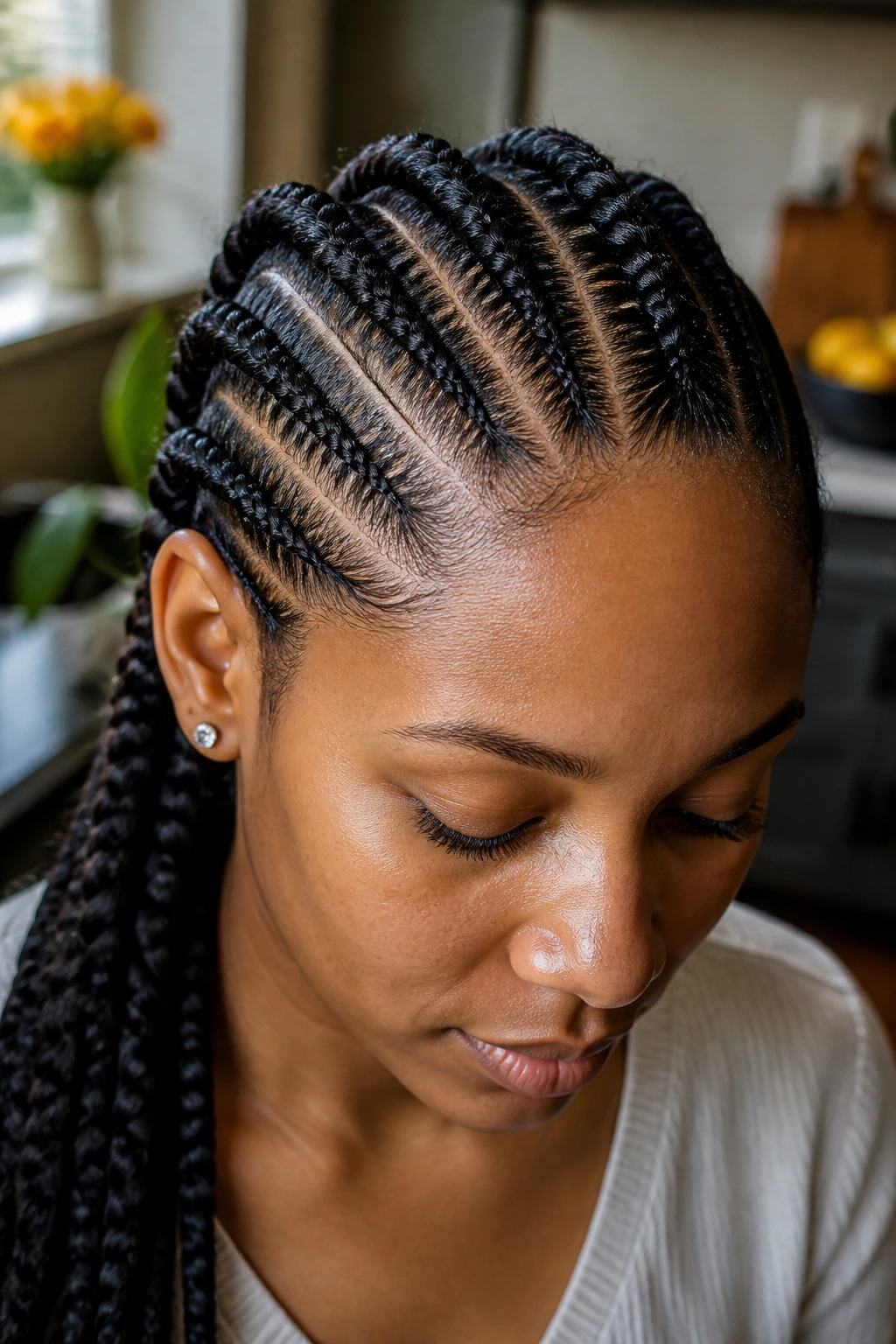 Close-up of feed-in Dutch braids with a slim root line on a real person