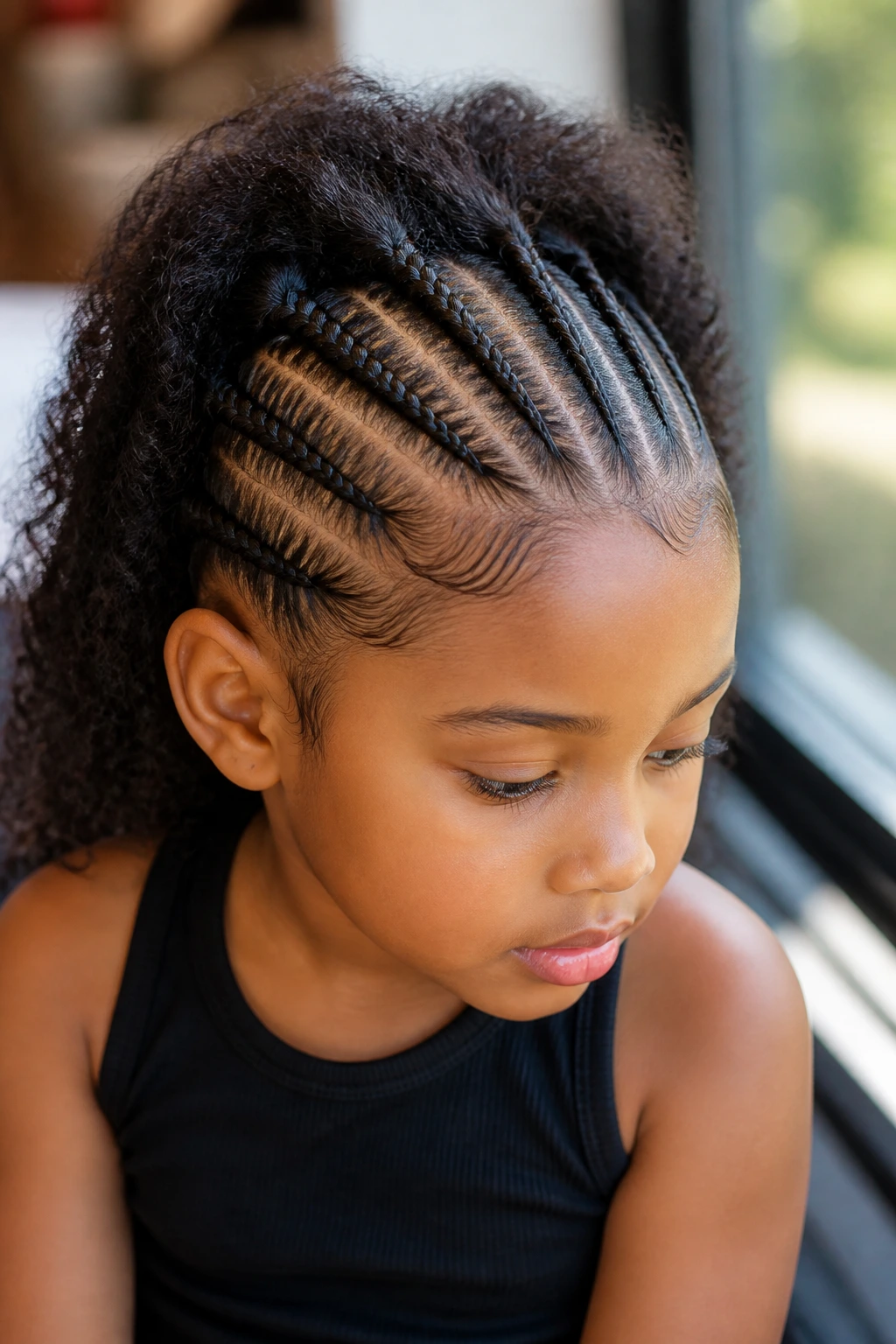 Young girl with feed-in half cornrows starting thin at the front