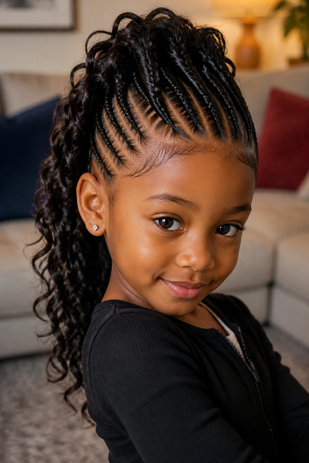 Close-up of a real girl with a feed-in mohawk and soft tail