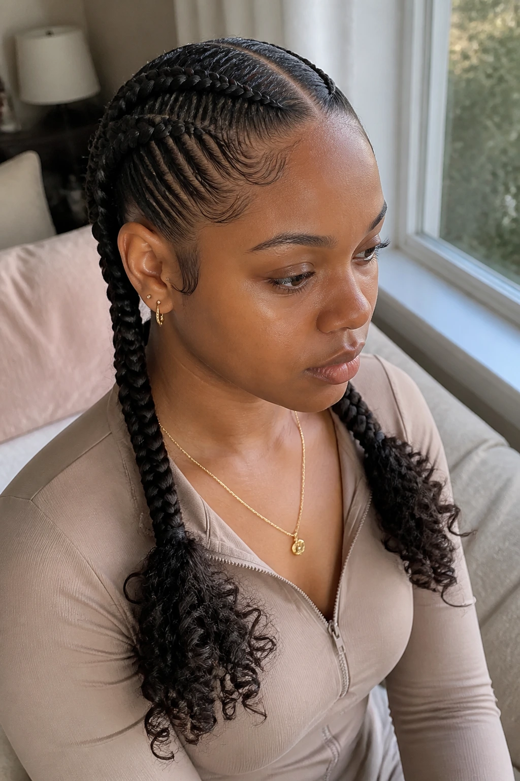 Close-up of feed-in pigtails with curly ends on a real Black woman