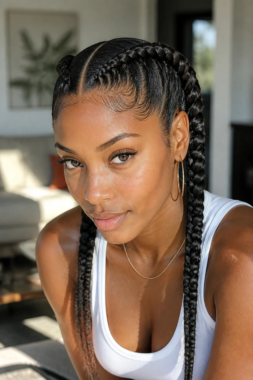 Close-up of a real woman with two feed-in pigtails