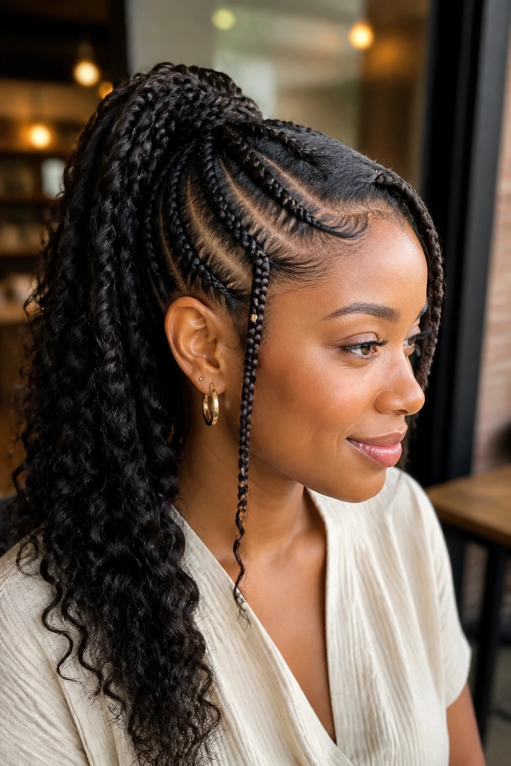 Close-up of a real woman with a side-part feed-in ponytail and accent braids