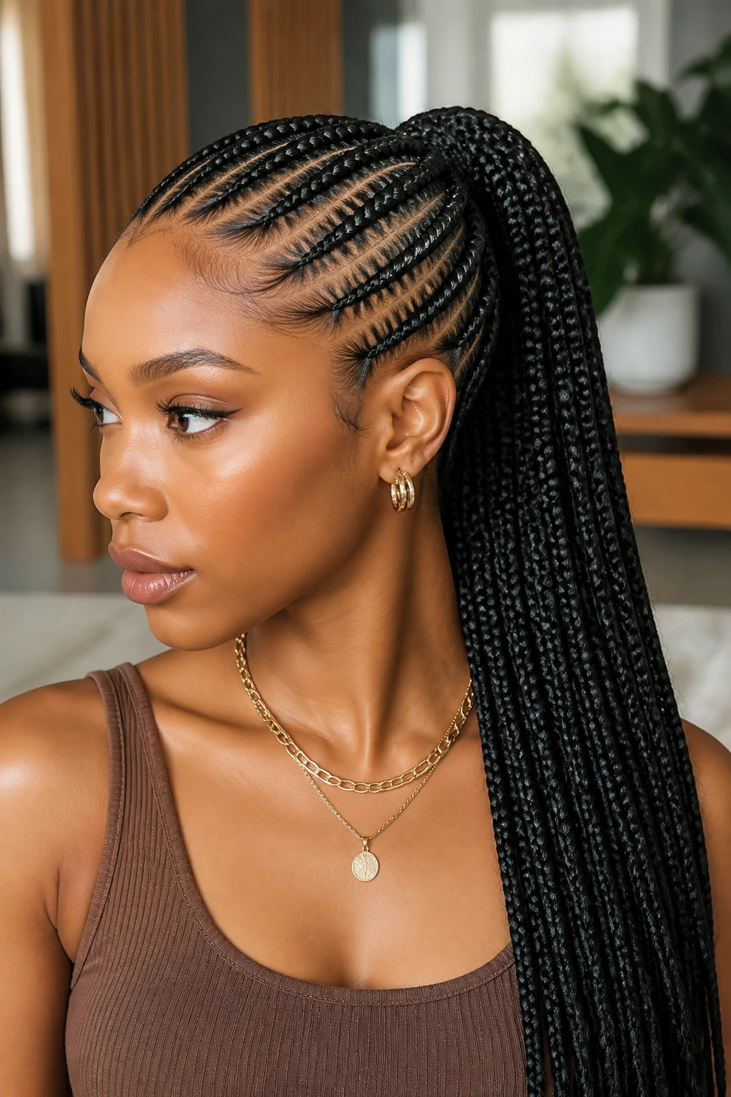 Close-up of a real person with feed-in braids ending in a long ponytail