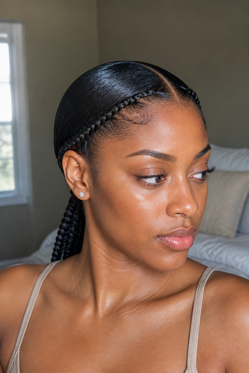 Close-up of a real Black woman with a sleek feed-in low ponytail and slim braids at the nape