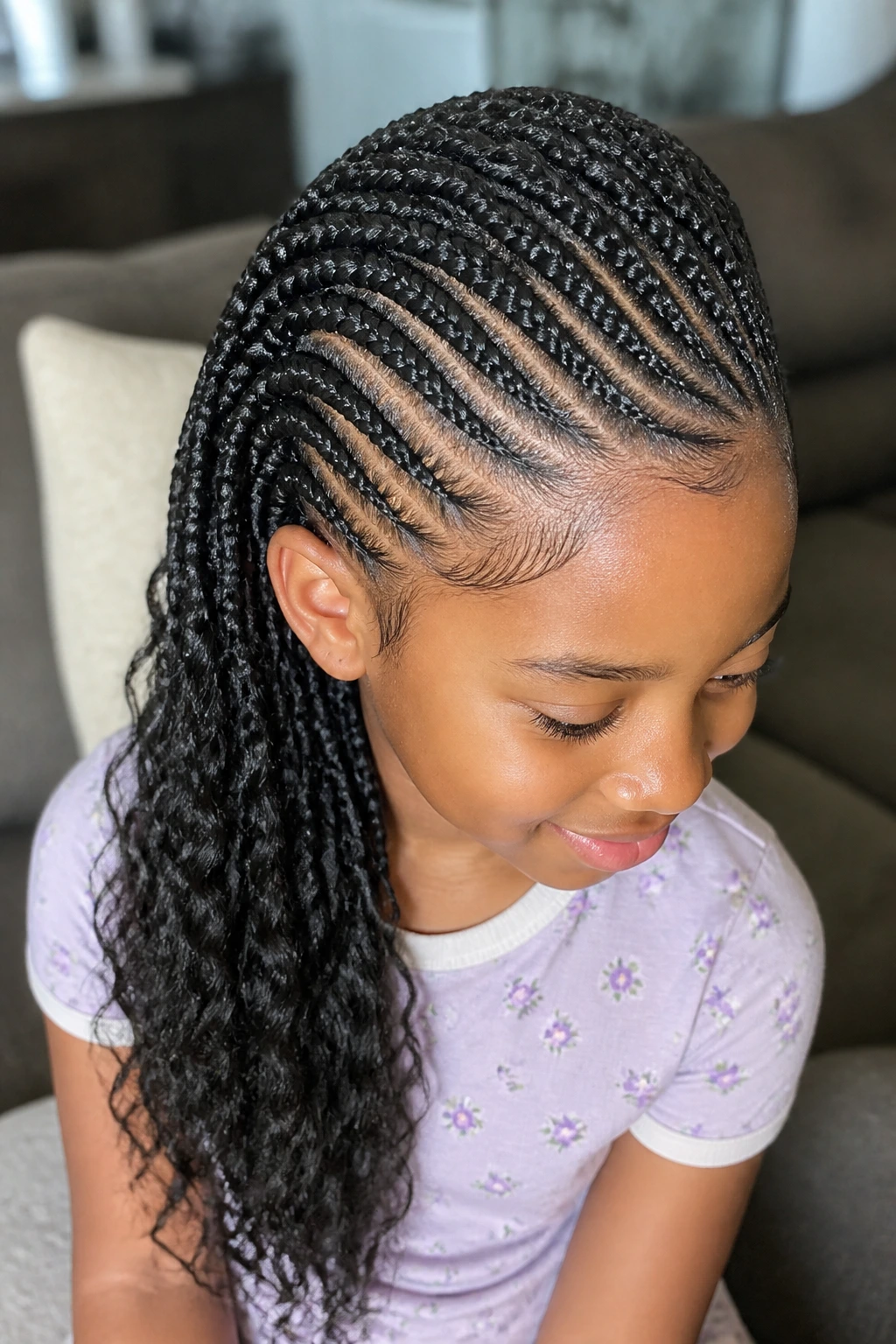 Close-up of layered feed-in rows sweeping to the side on a young girl in a living room.