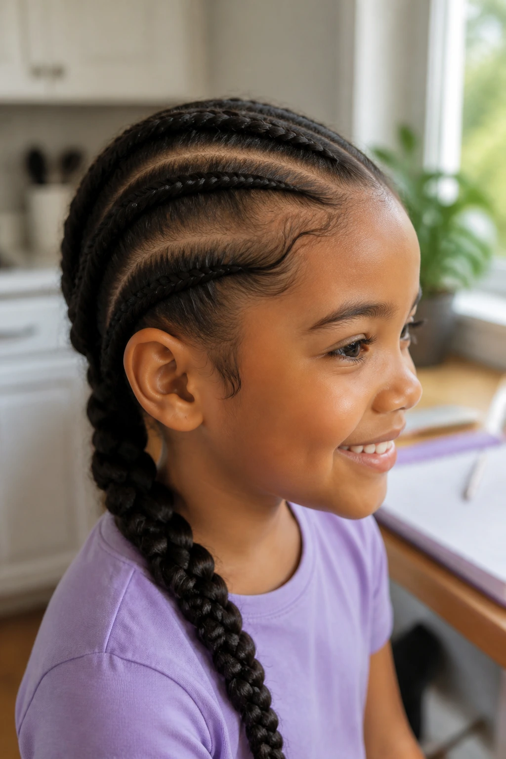 Close-up of a child with a sleek side feed-in braid starting at the hairline