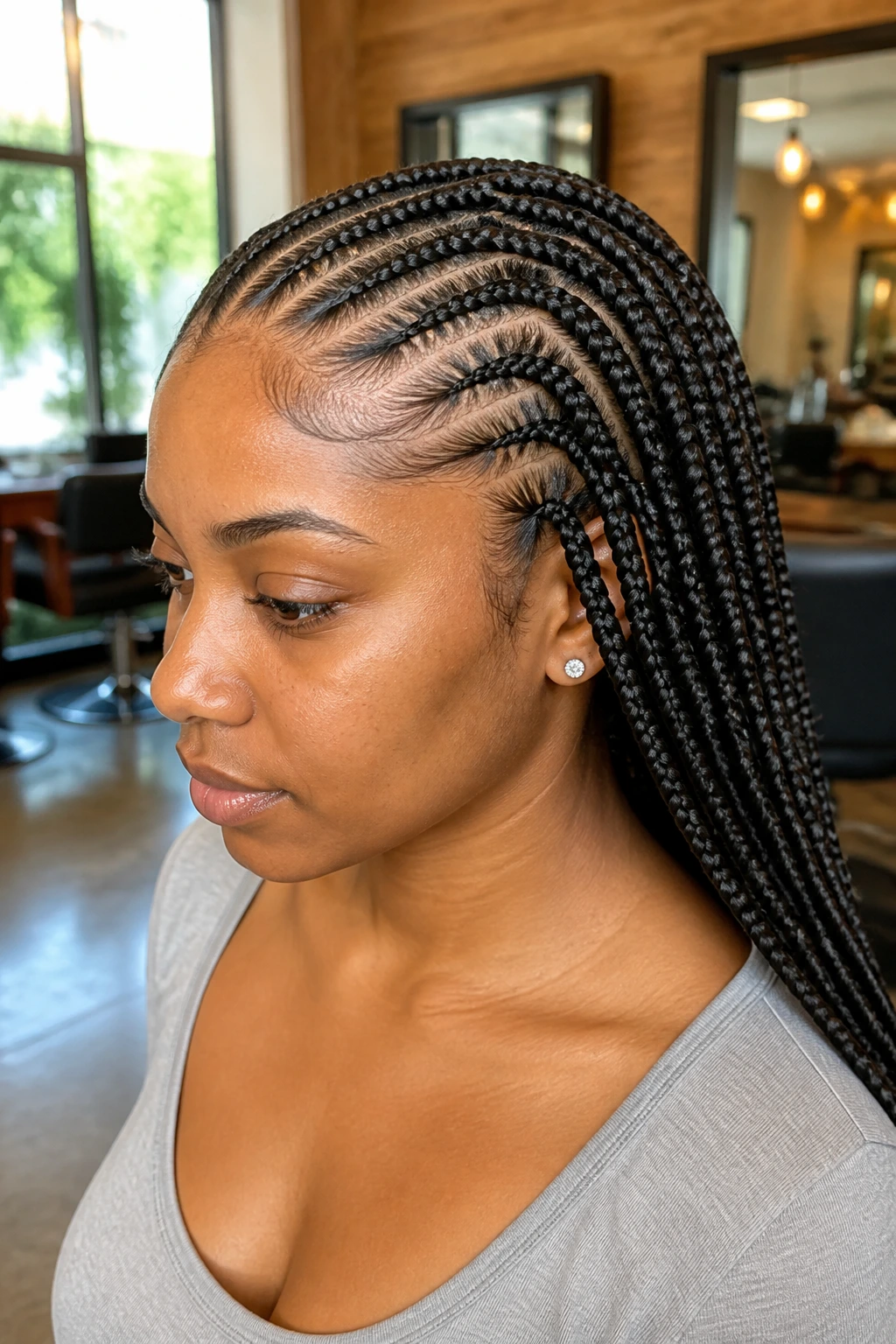 Close-up portrait of a real woman with feed-in singles braids at the scalp in a sunlit salon