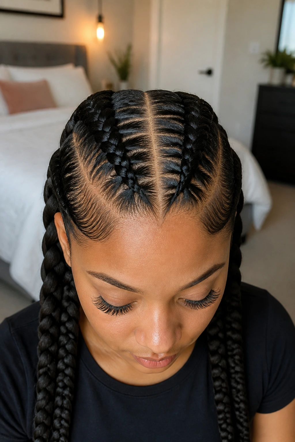 Close-up of a real woman with feed-in twin braids at the crown