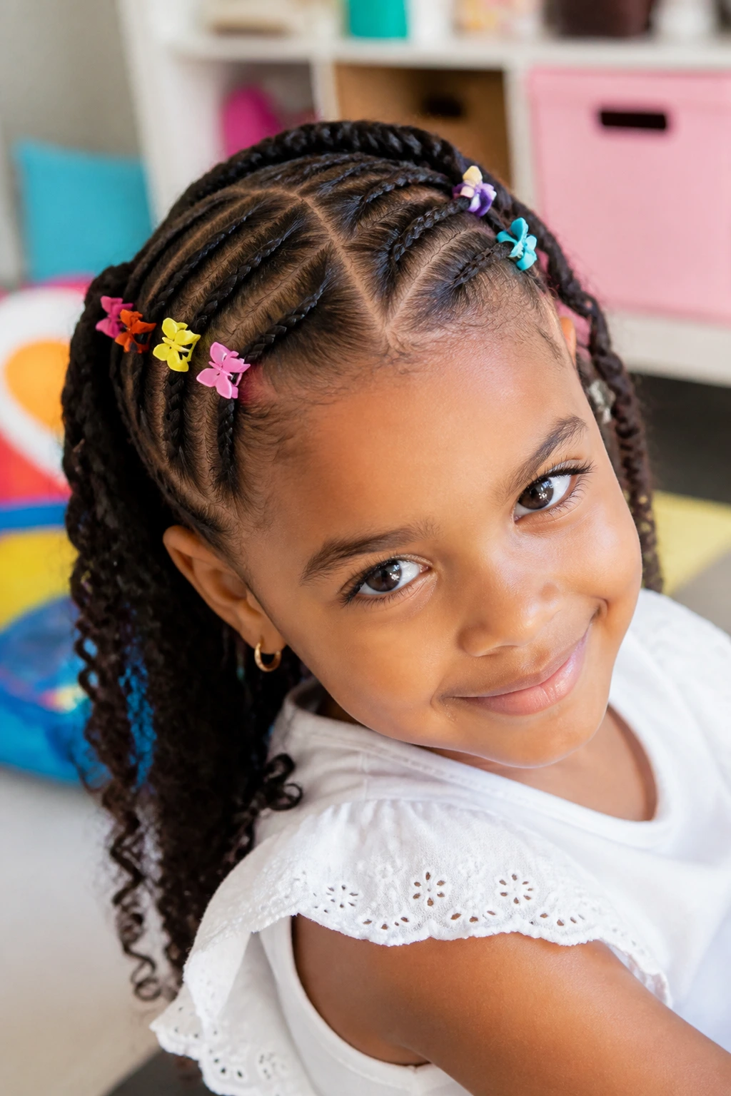 Close-up of festival braids with colorful clips on a real girl.