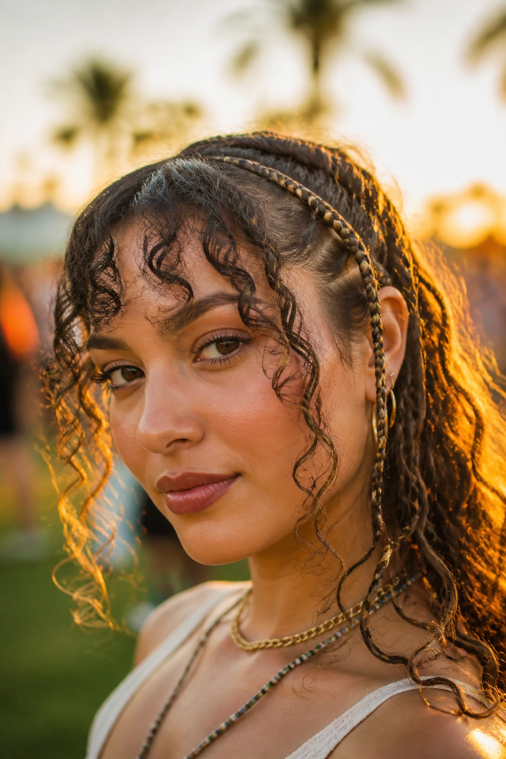 Real person with festival braids and curly bang pieces outdoors at golden hour