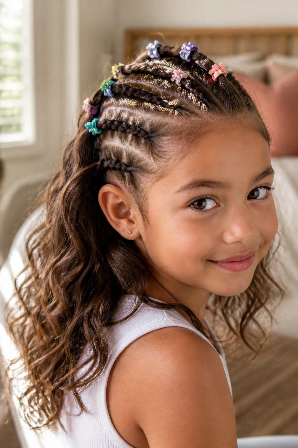 Close-up of a real girl with a mohawk braid and colorful clips in her wavy hair