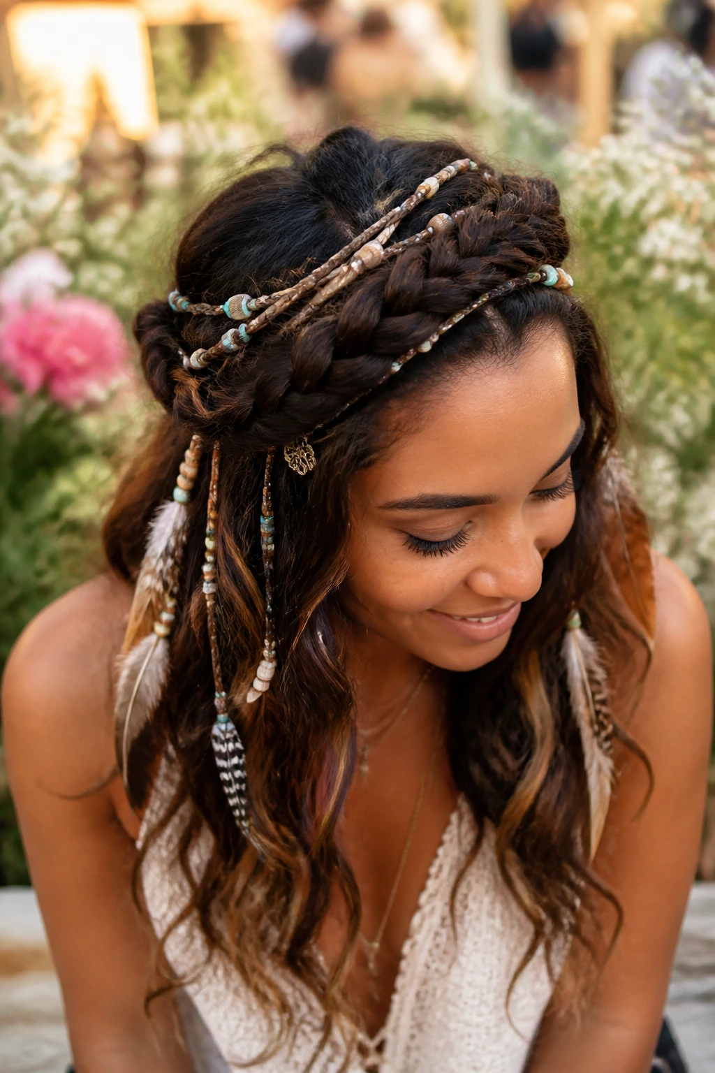 Close-up of festival crown with feathered waves on a real person