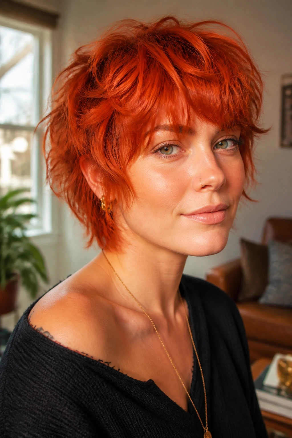 Close-up portrait of a real person with fiery red tousled short shag hairstyle.