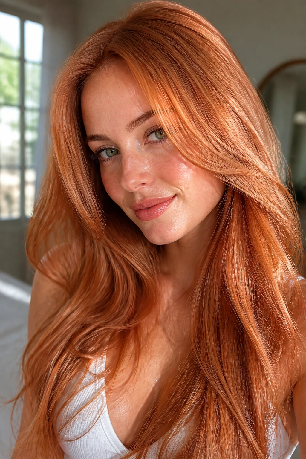Close-up of a real woman's fiery strawberry glaze hair with intense copper tones