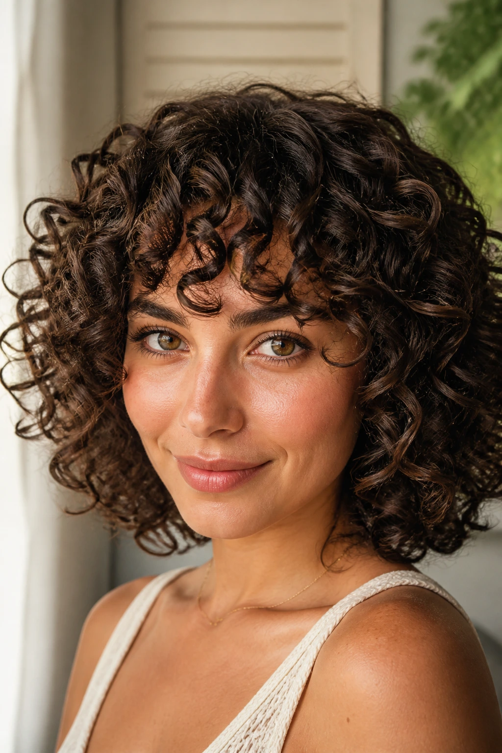 Real woman with defined curls showing final shape of haircut