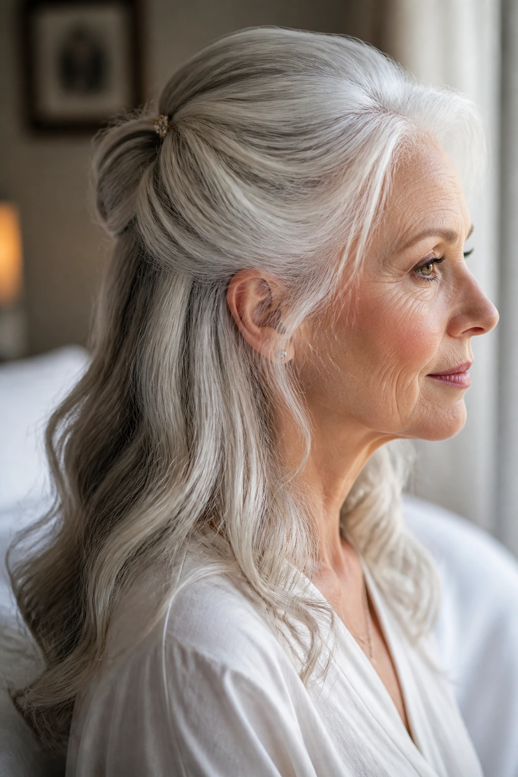 Close-up portrait of a real woman with a polished half-up hairstyle secured by a small crown pin and light setting spray in warm window light