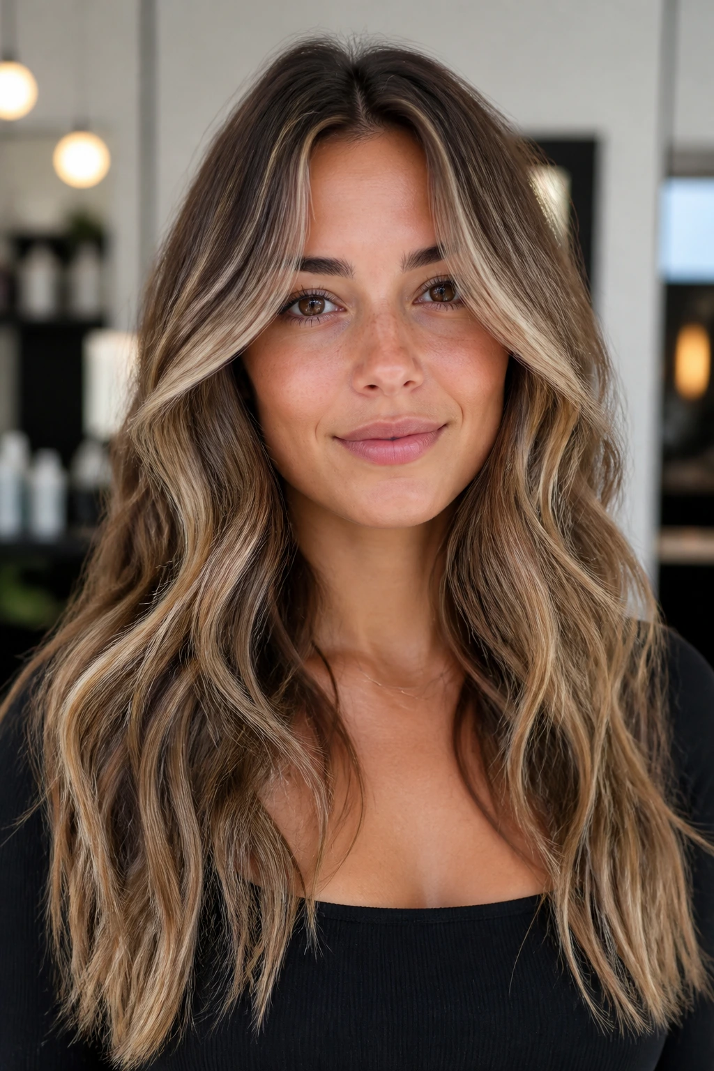 Real woman with long waves showing fine color placement near face
