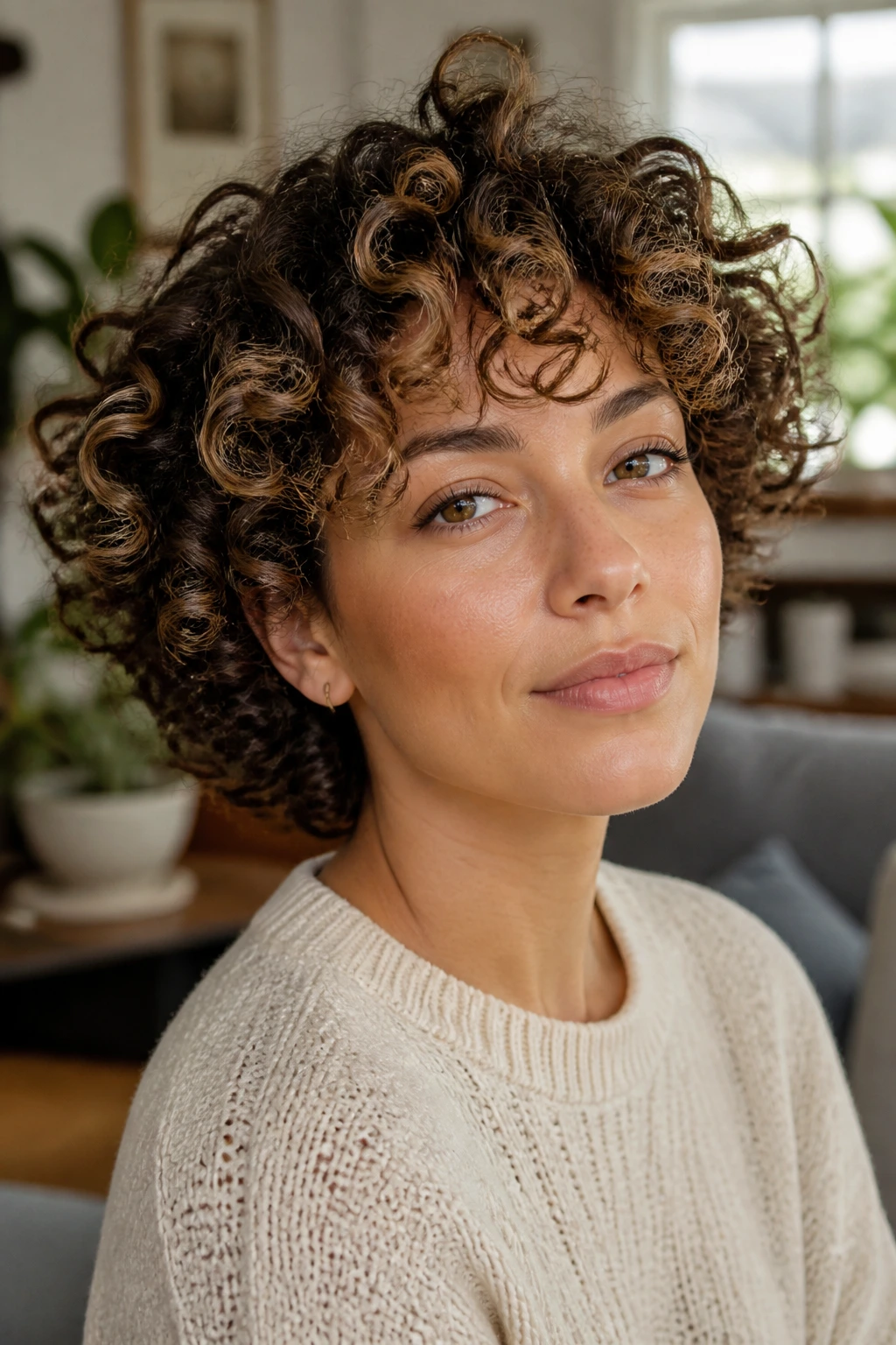 Close-up of a real woman's curls showing a Fine-Curl Lift with light babylights around the face