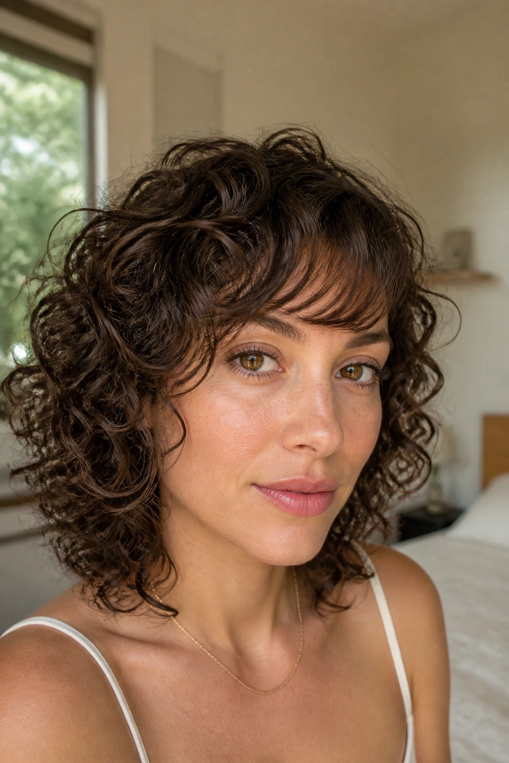 Close-up portrait of a real woman with fine curls and lightweight side bangs