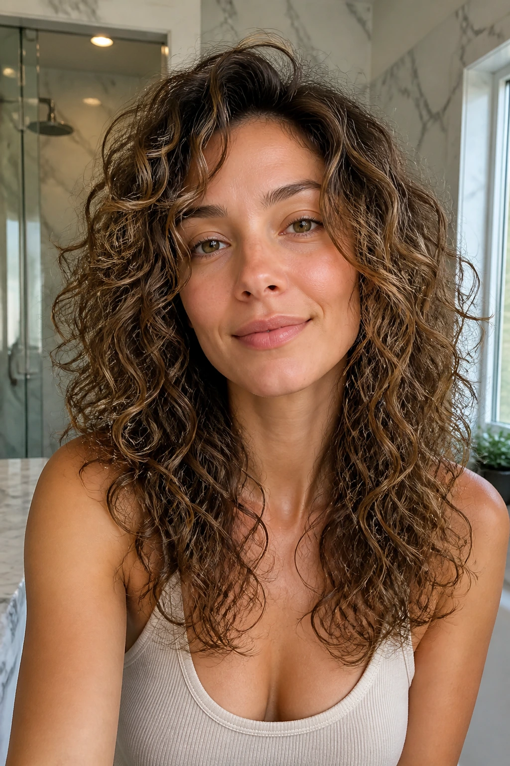 Close-up of a real woman with fine curls lifted by light layering filling the frame.