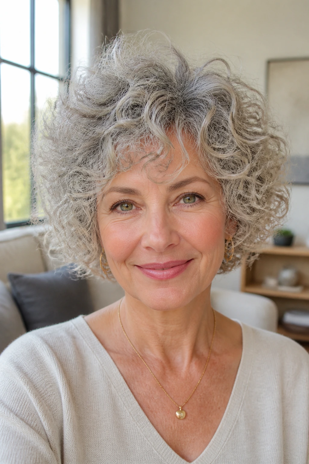 Close-up portrait of a real woman with fine curls in a cloud bob under bright natural light.