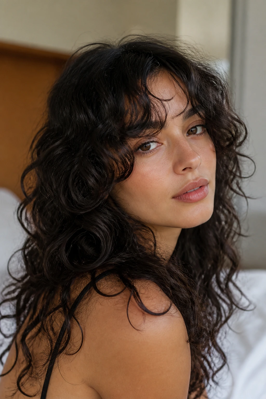Close-up portrait of a real person with fine dark curls and longer curtain bangs.