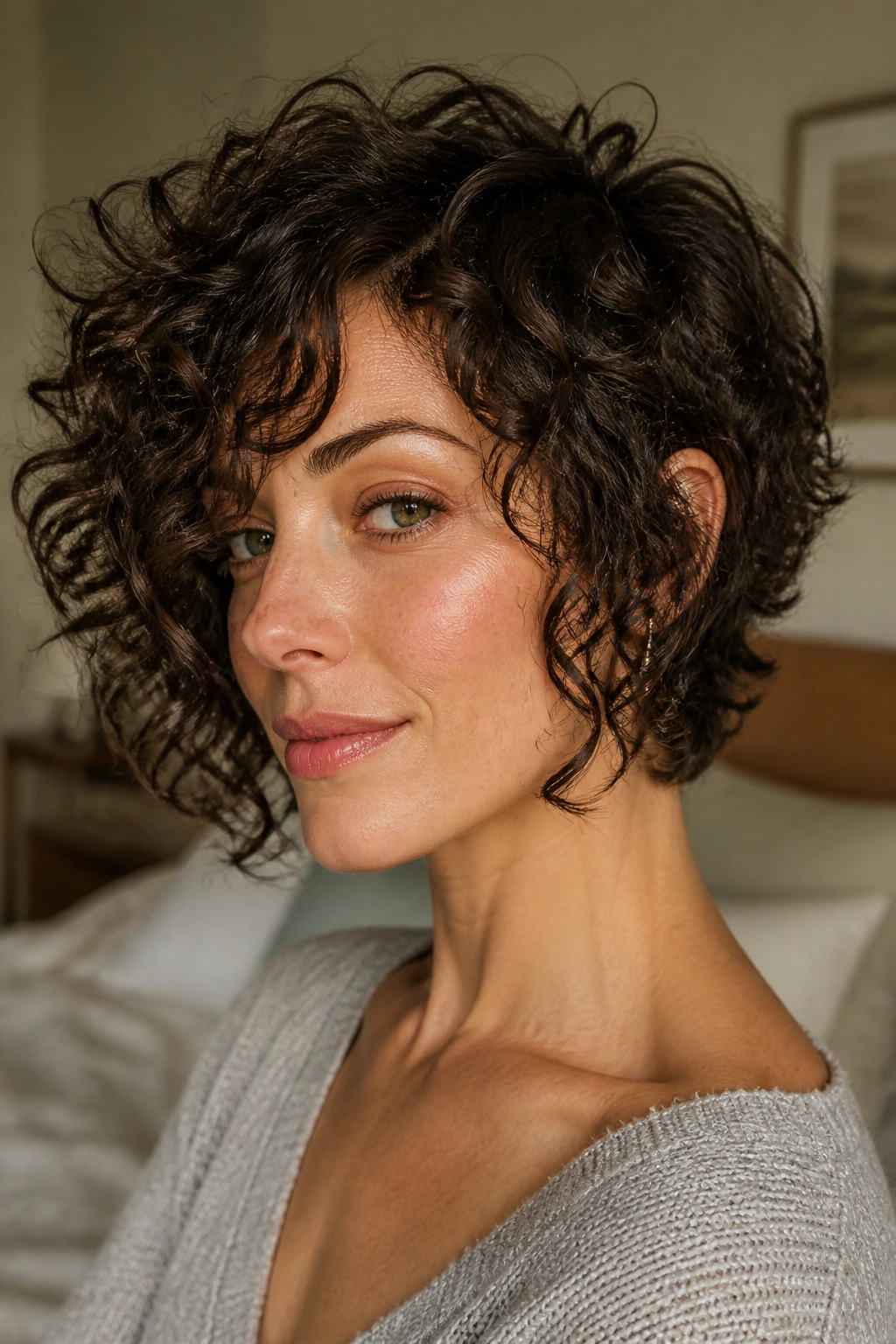 Close-up of a real woman's fine curls showing density from a diagonal line around the cheekbone