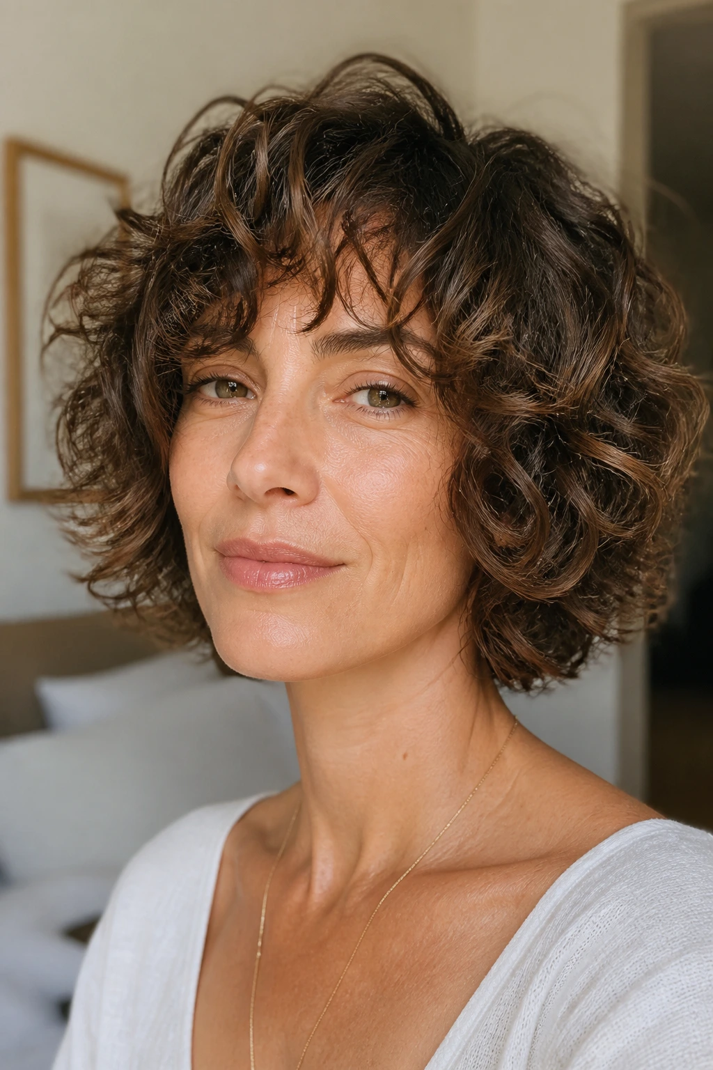 Close-up of a real woman with a fine-curl feathered bob shaping around the cheeks.