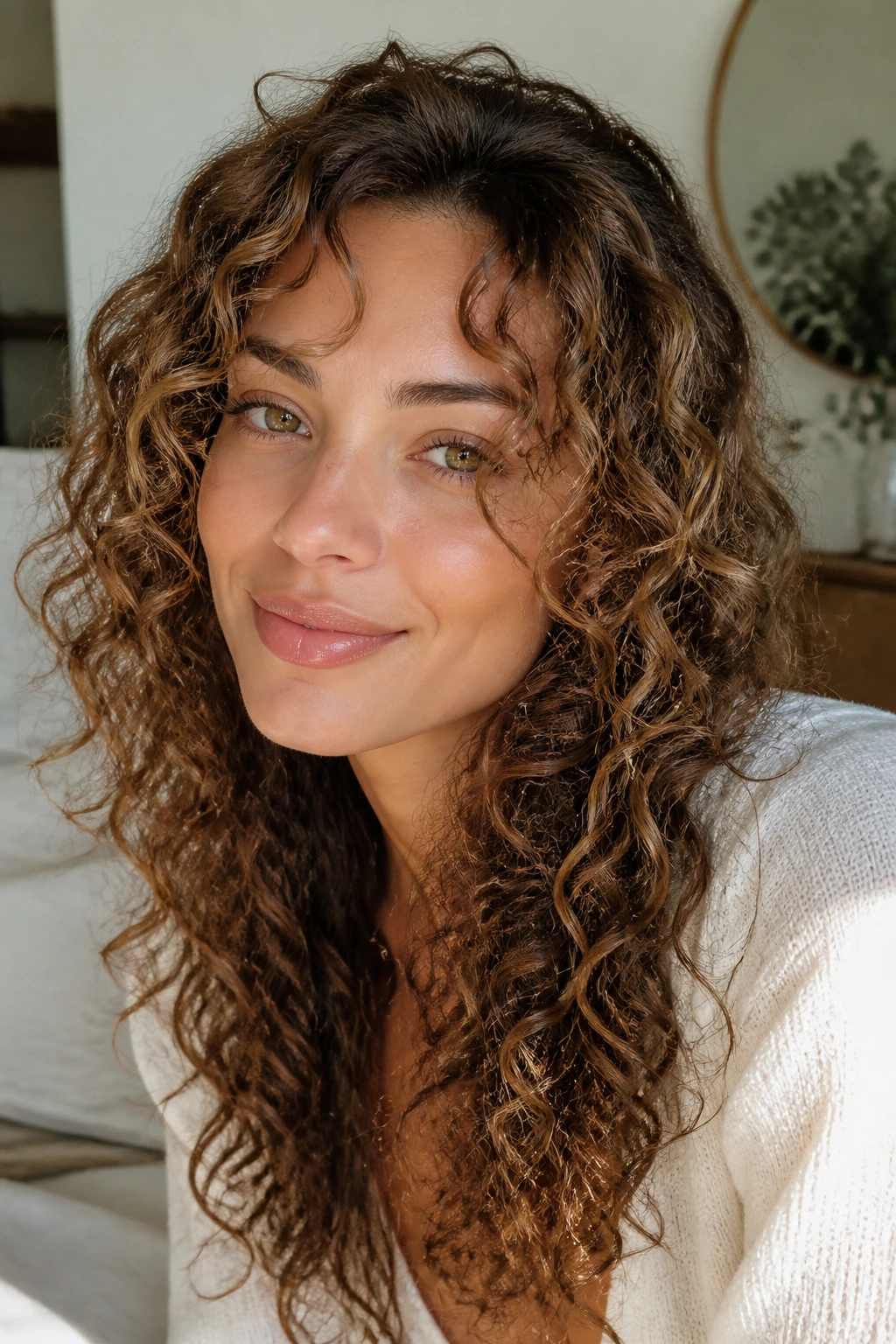 Close-up of a real person with fine curls, soft layers and delicate caramel highlights
