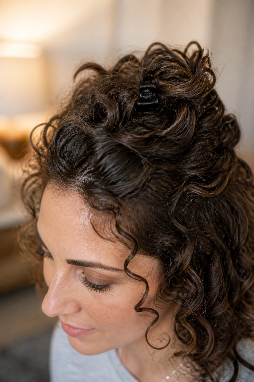 Close-up of fine-curly hair with crown lift on a real person