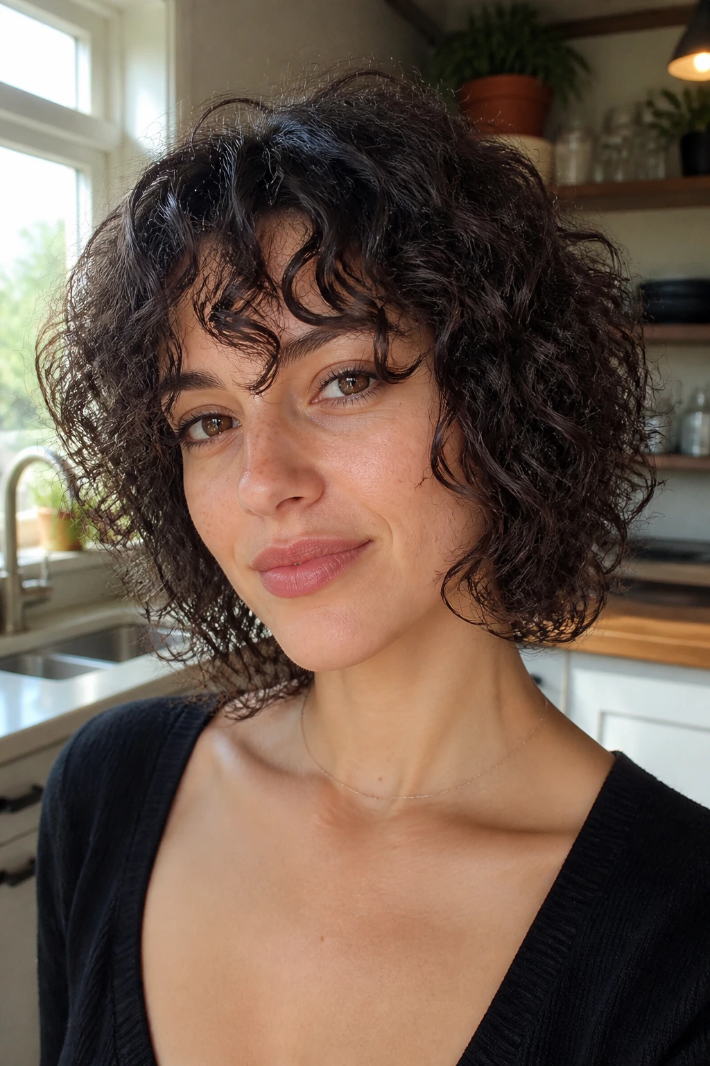 Close-up of a real person with Fine-Curl Lob With Micro-Layers in bright kitchen light.