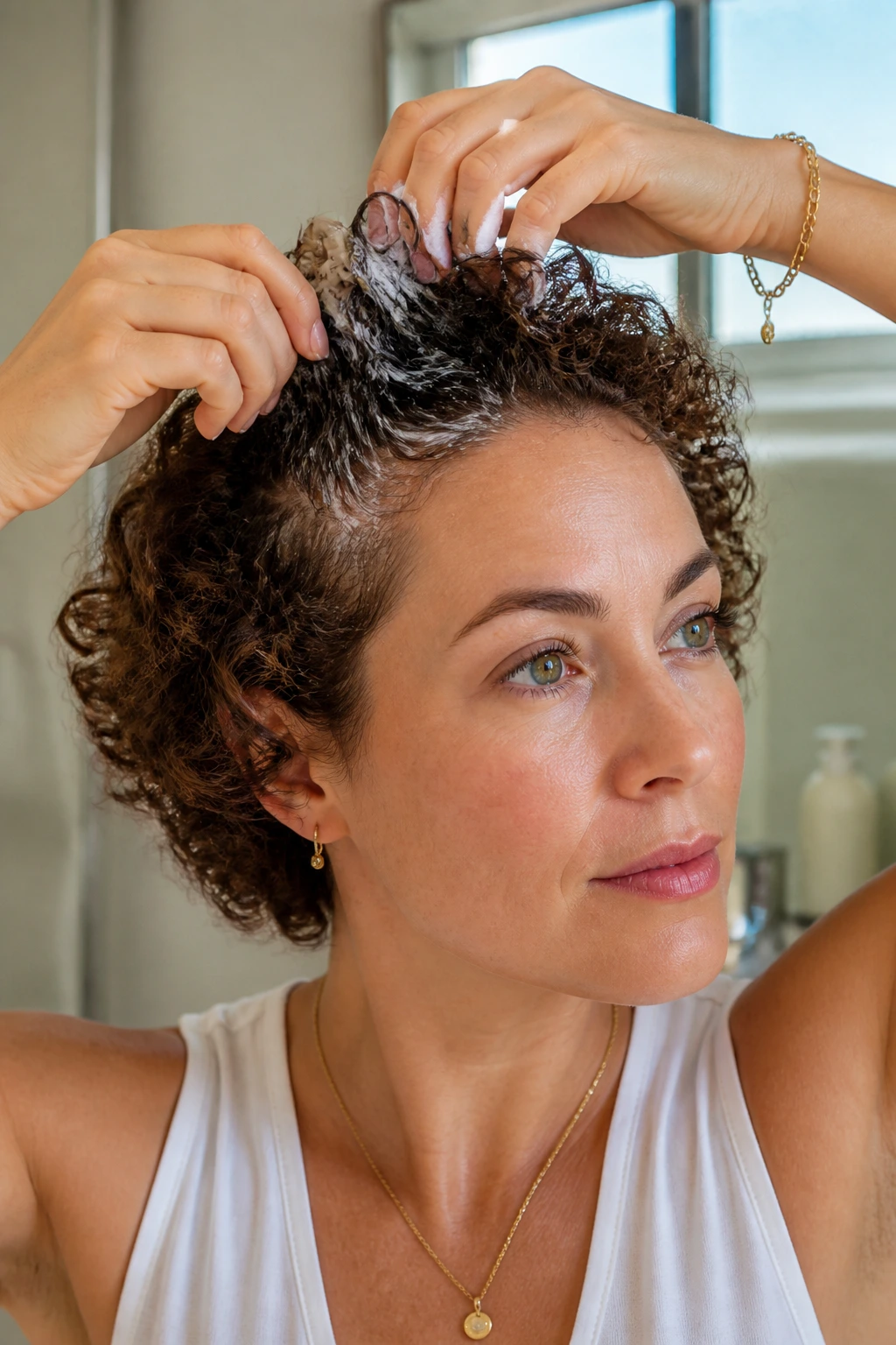 Close-up of a real person with fine curls lifted at the roots using mousse
