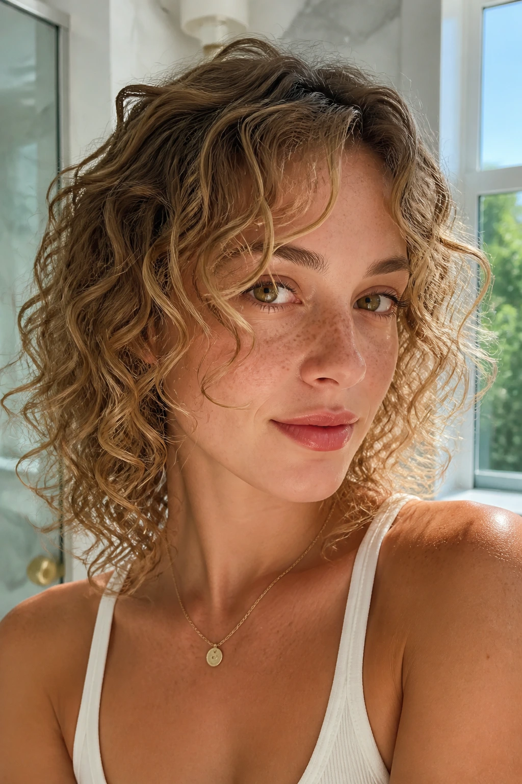 Close-up of a real woman with fine curls and airy front framing