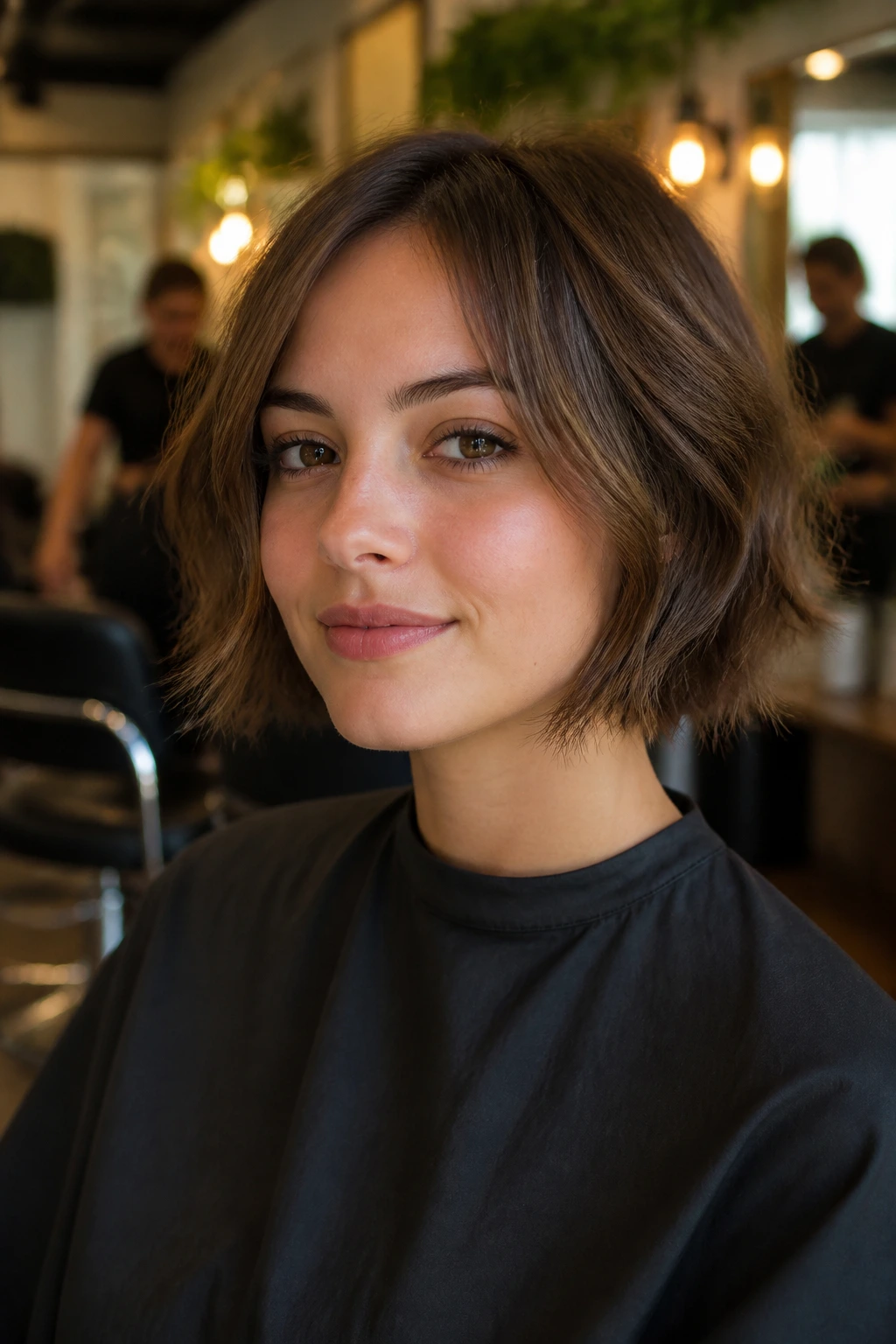 Portrait of a real person with fine 2B hair in a salon, showcasing a flattering bob.