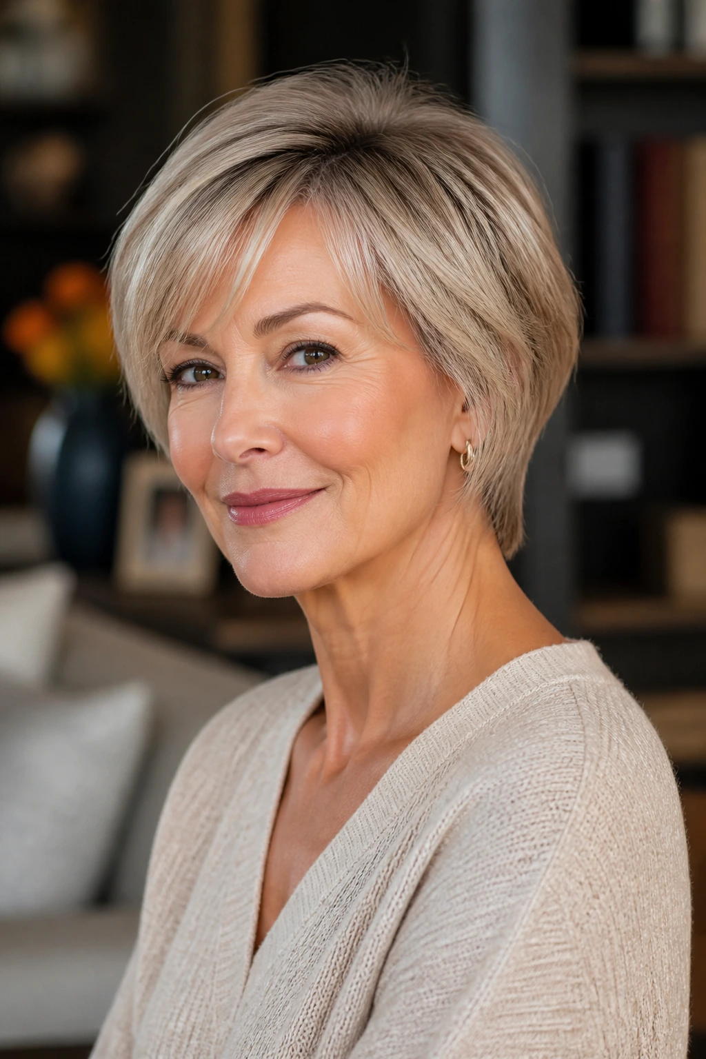 Portrait of a woman over 50 with fine hair styled for perimeter and crown lift.