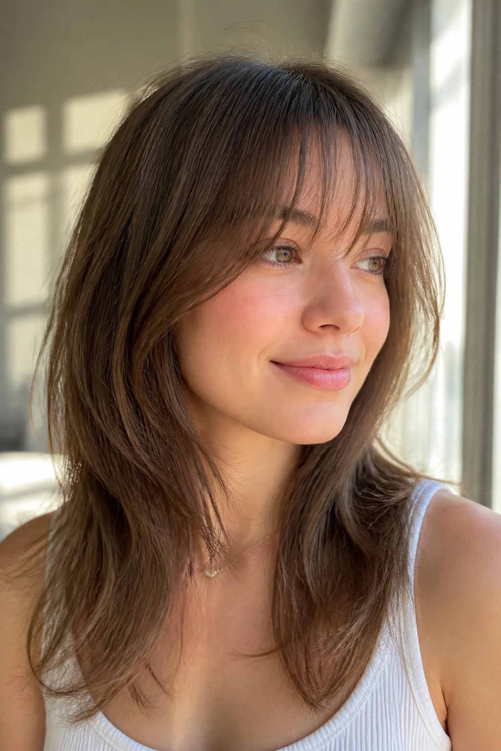 Portrait of a person with fine airy layers and see-through bangs.