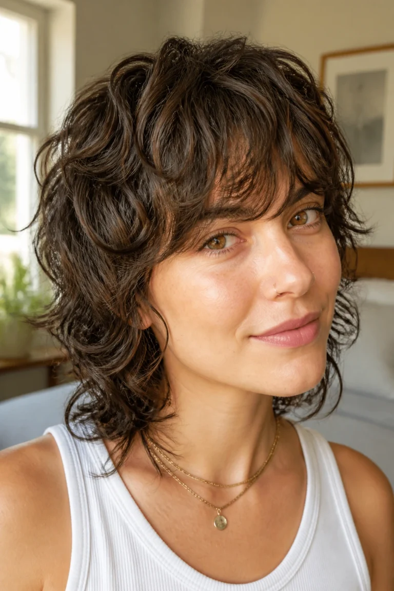 22 Modern Shag Haircuts for Curly Hair with Side-Swept Bangs