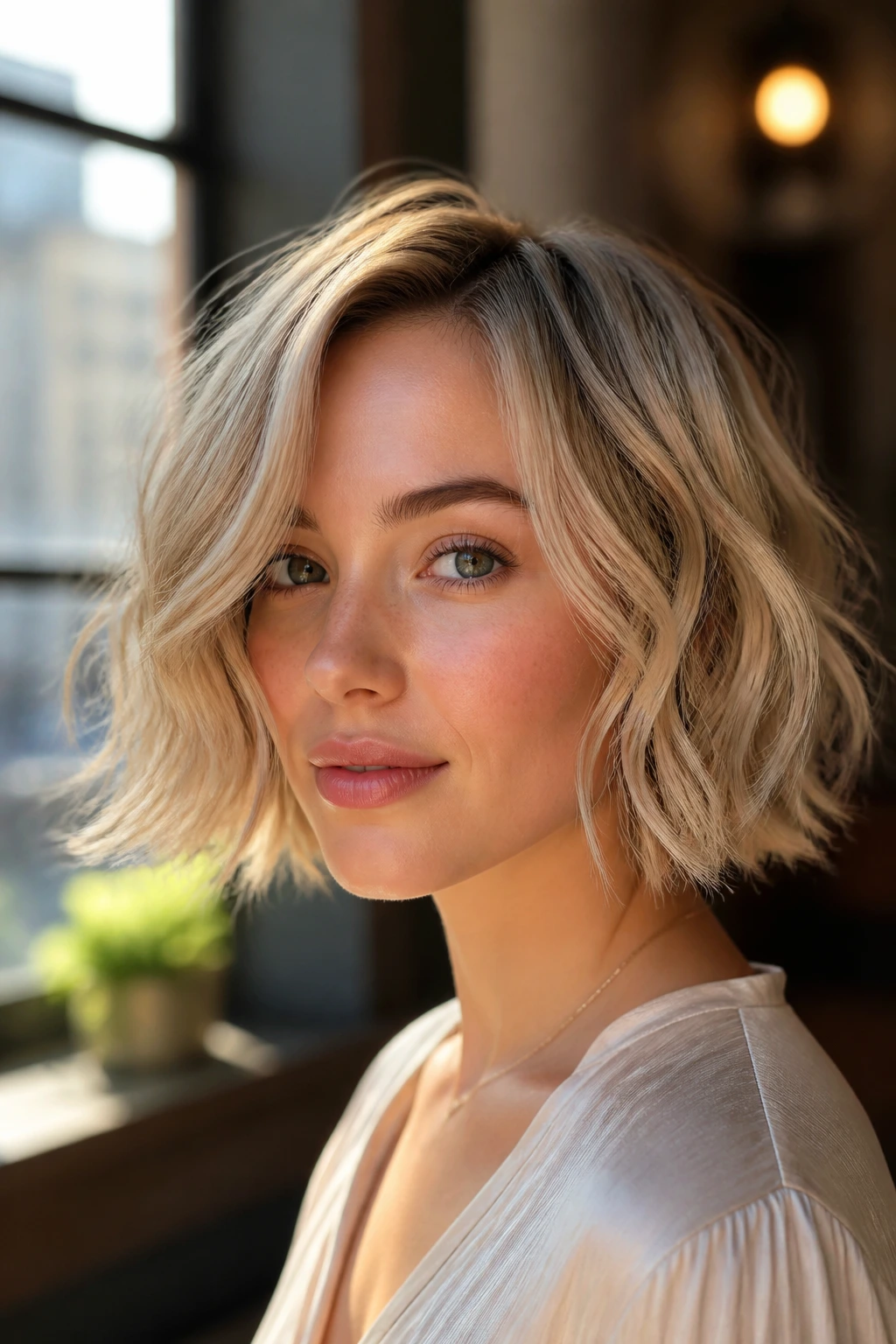 Close-up portrait of a real woman with airy wave bob in sunlit space