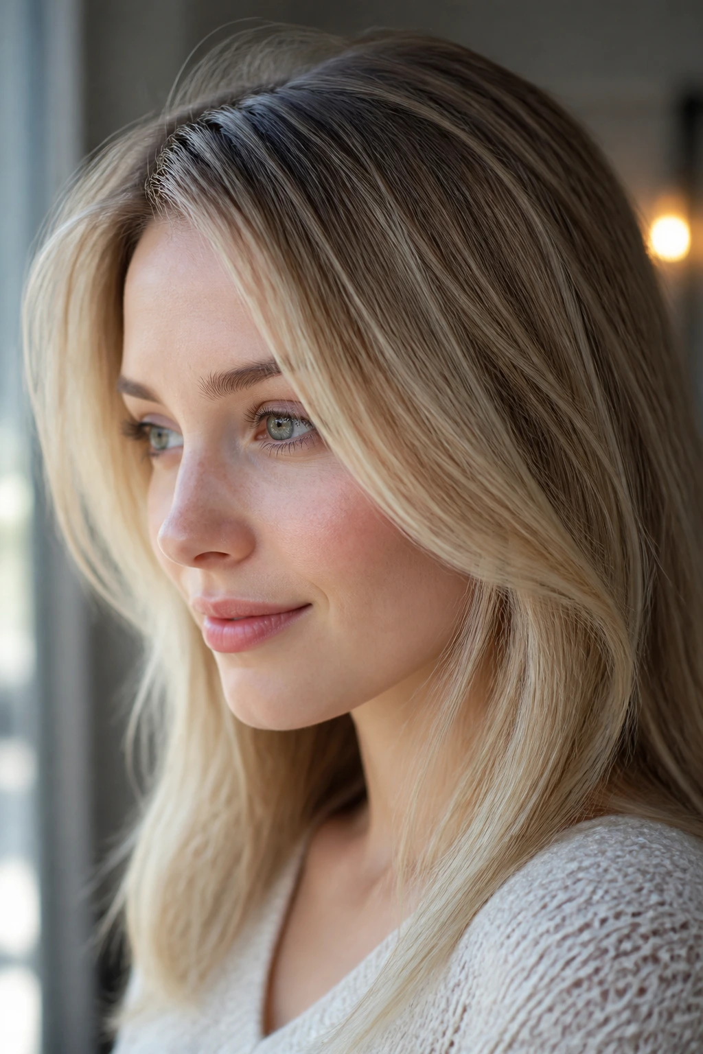 Close-up of a real woman with fine hair showing babylights and root shadow