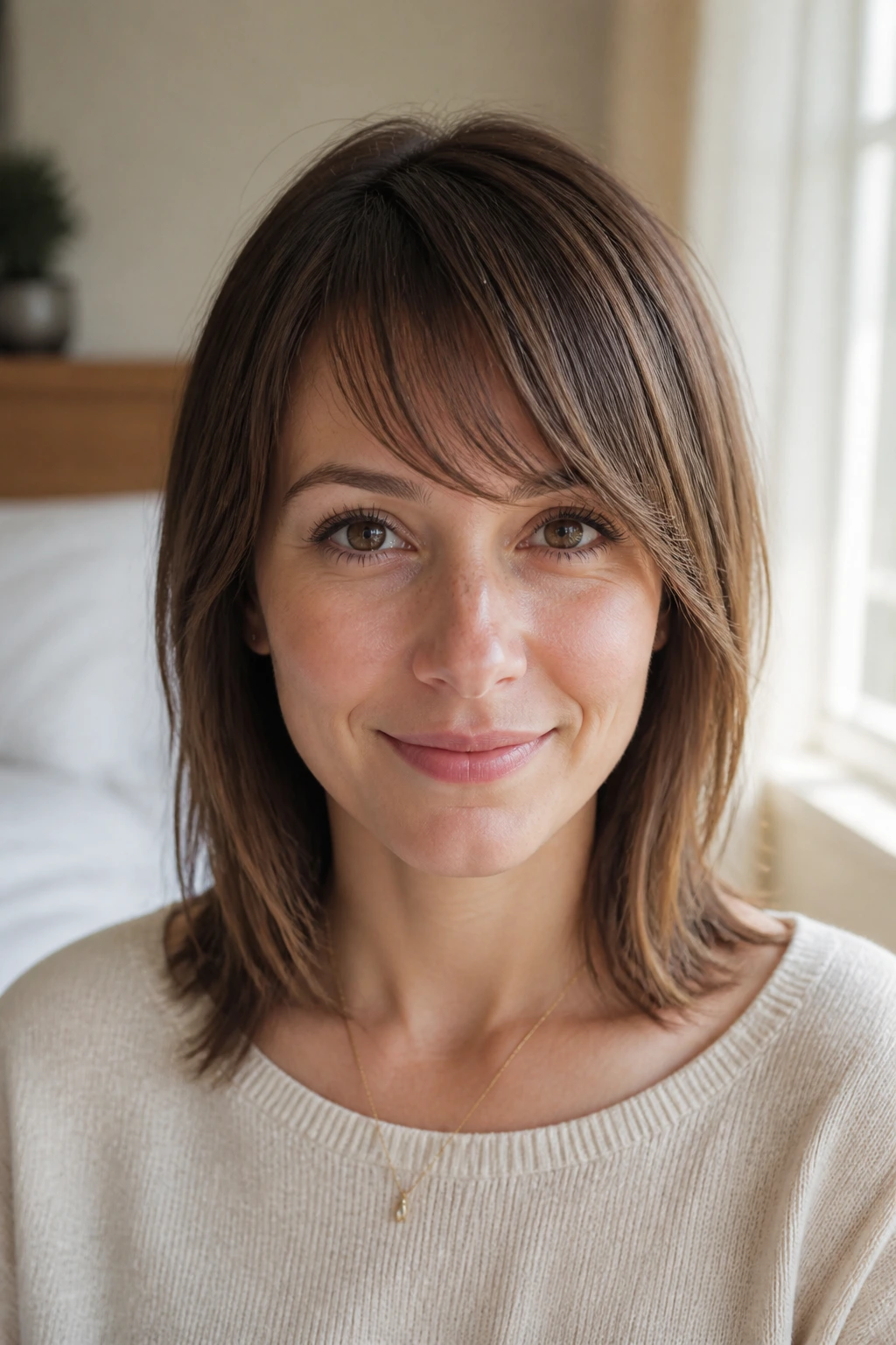 Close-up portrait of a real woman with a fine diagonal fringe on fine hair in warm window light