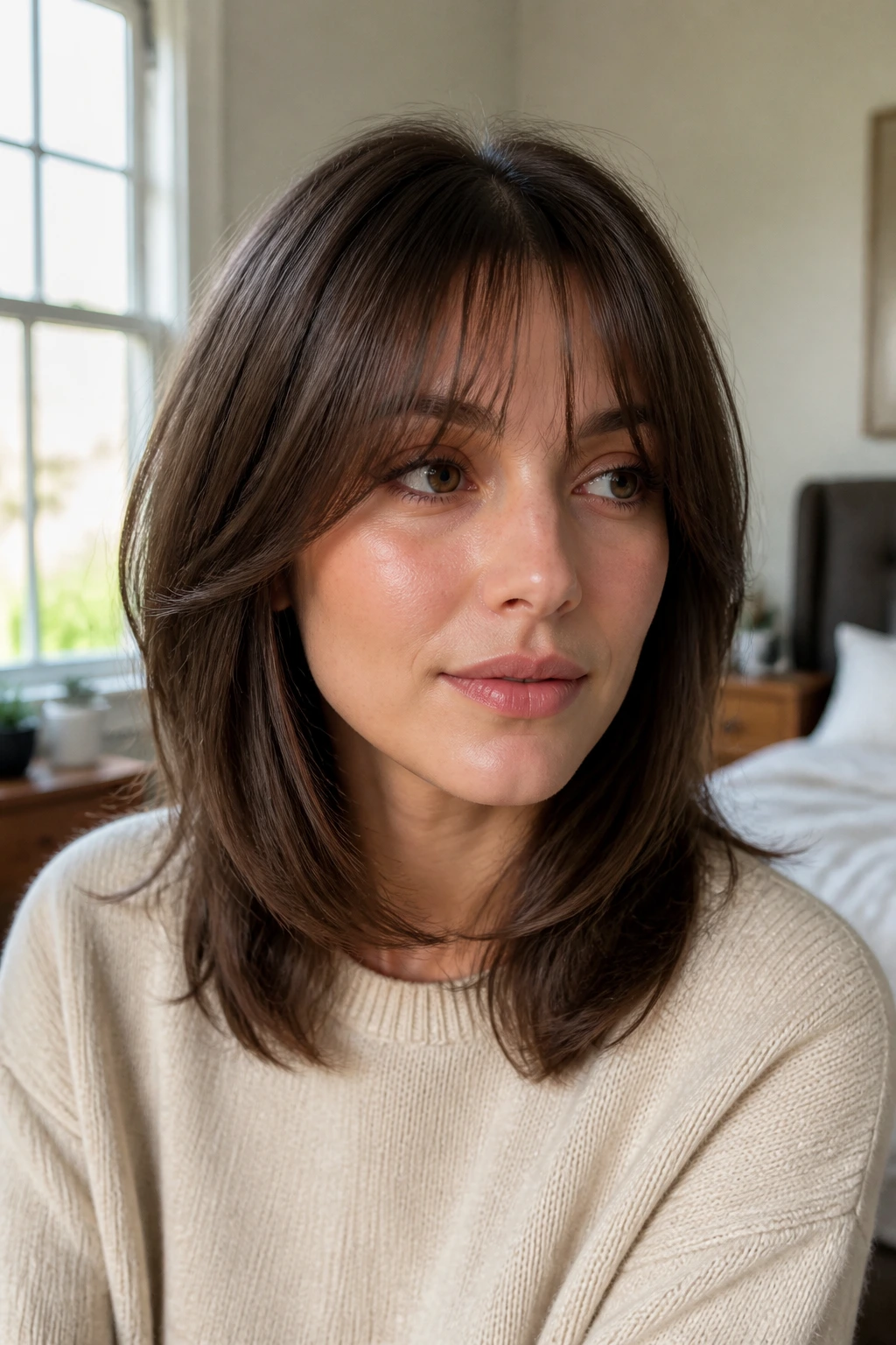 Close-up portrait of a real woman with fine-hair draped bangs under daylight